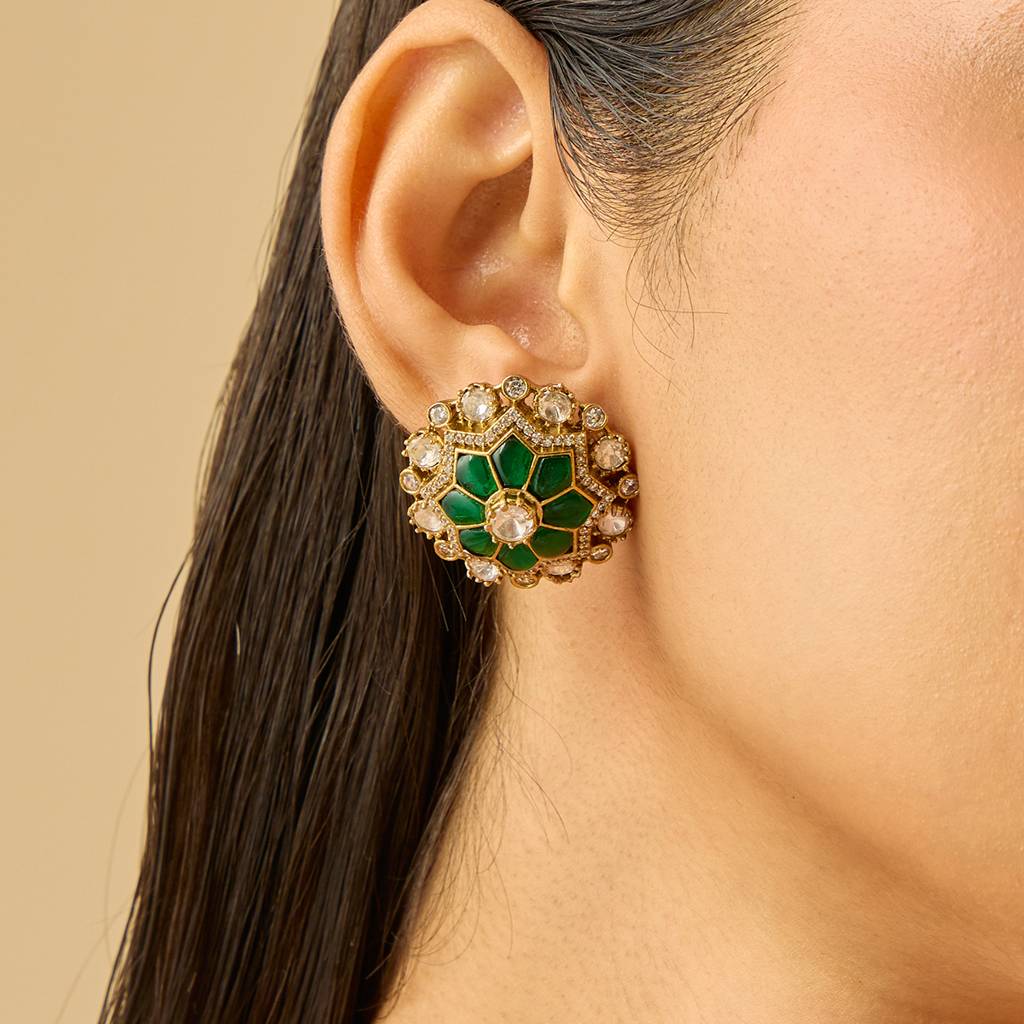 Green Plated Ethnic Kundan Studs-443066 : 443066