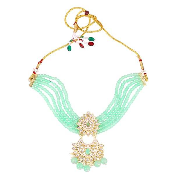 Estele Gold Plated Graceful Gehena Necklace Set & Maang Tikka With Mint Green Beads For Women : PJ-033-IGMGNKERTK