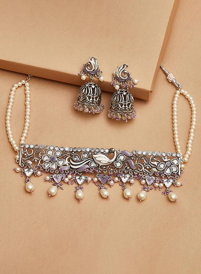 Filigree Design Silver Toned Round Faux Pearls Jewellery Set : 8905124444728