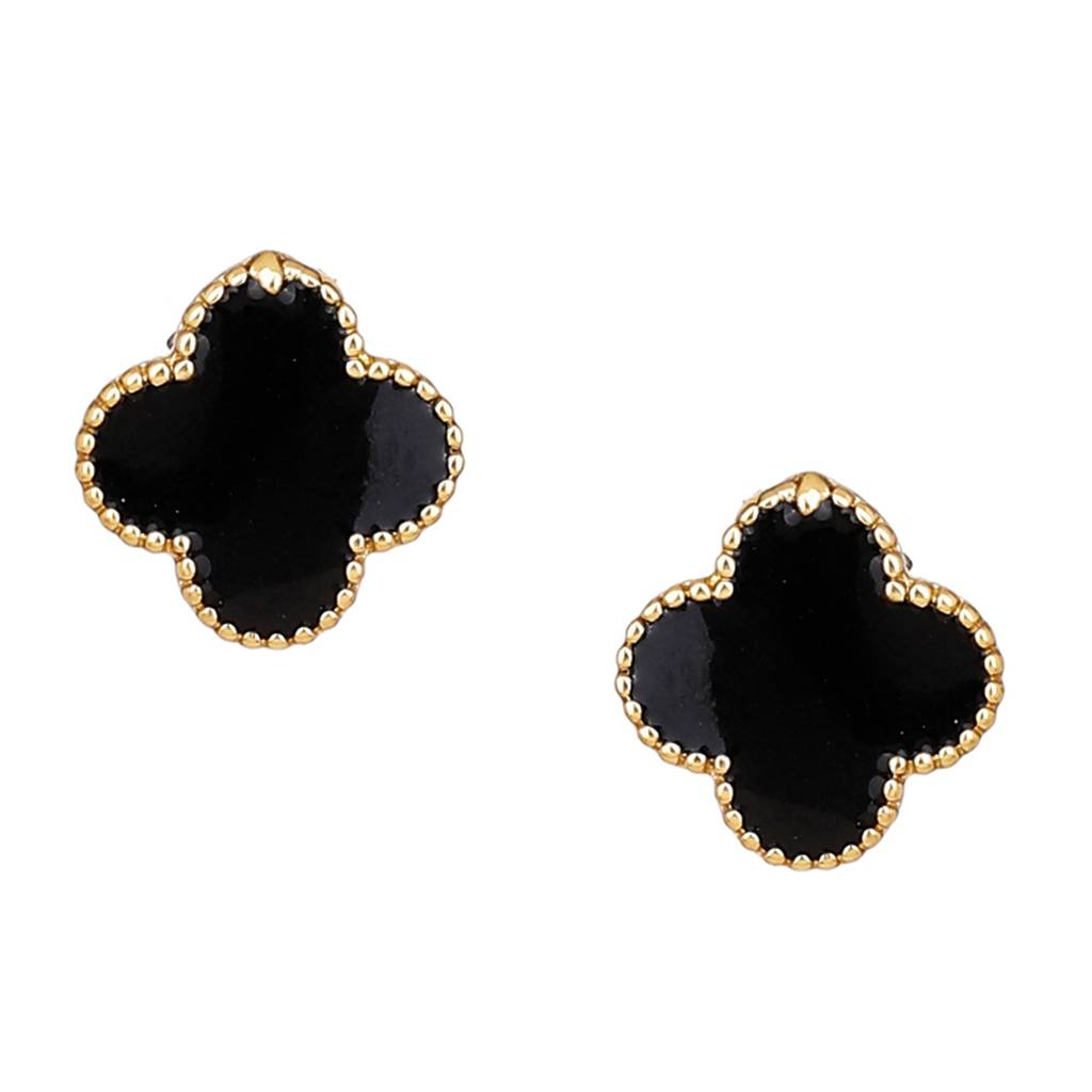 Estele Gold Plated Clover Designer Black Enamel Stud Earrings : 654704ER