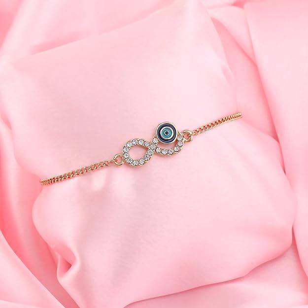 Estele Rosegold Plated  Navy Blue Evil Eye Infinity Charm Bracelet With Austrian Crystals For Women : 102172-RGNBTQBR