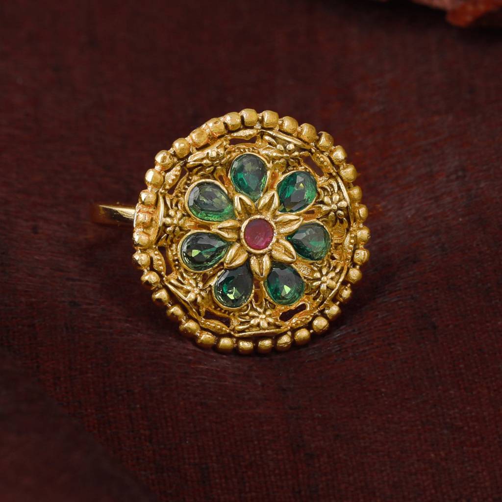 Estele Gold Plated Flower Designer Matte Finish Finger Ring With Multi-Color Crystals For Women : AD-150-IGGNRBRING