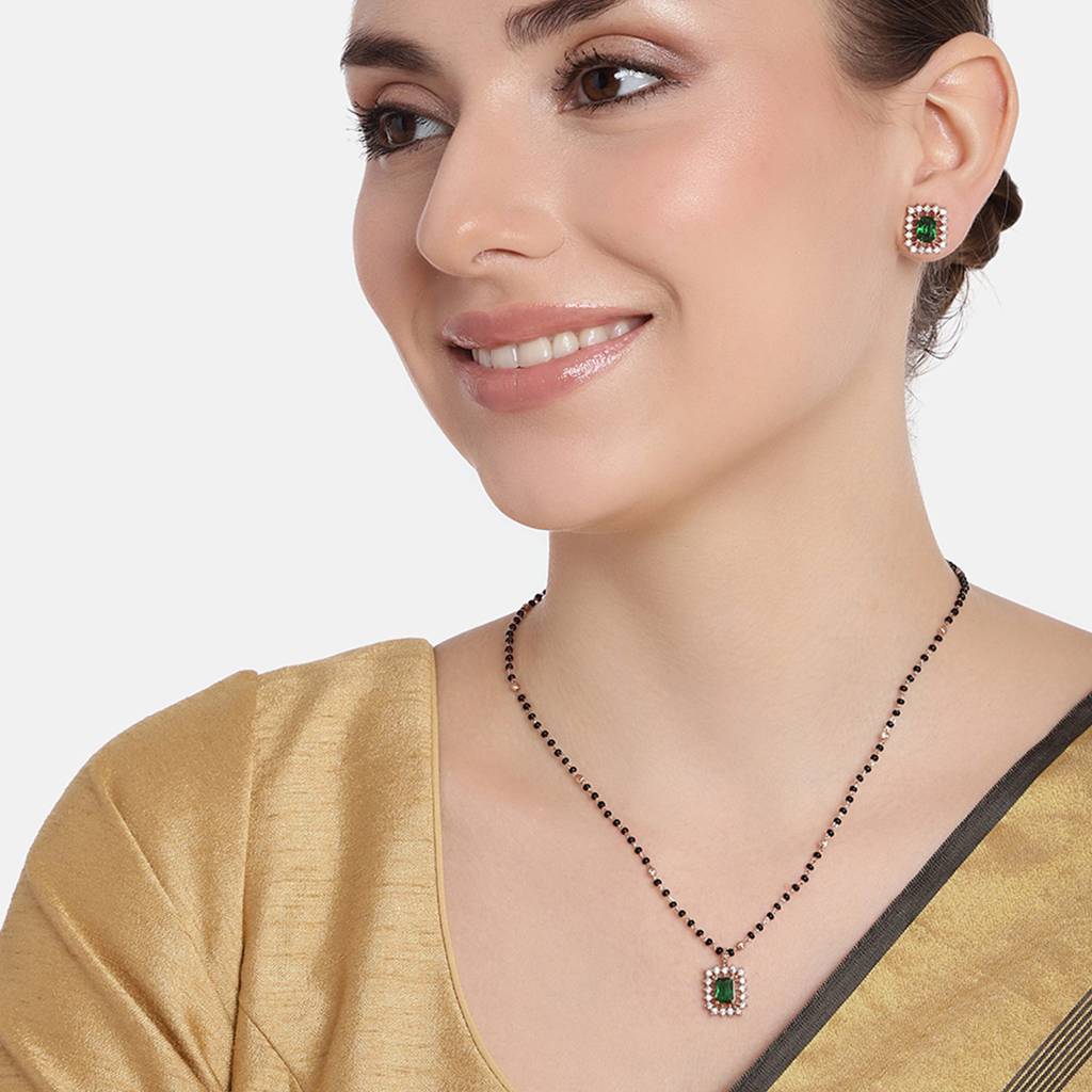 Estele Rose Gold Plated Cz Square Designer Necklace Set With Emerald Stones For Women : ADMS038-RGGNNKER