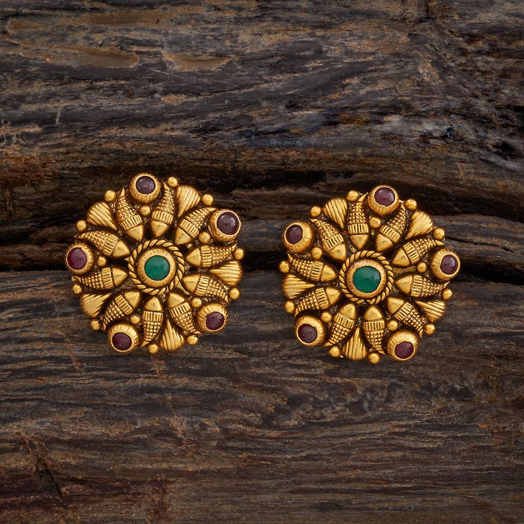 Kushal'S Fashion Jewellery Ruby-Green Oxidised Gold-Plated Ethnic 92.5 Pure Silver Temple Studs-177419 : 425359