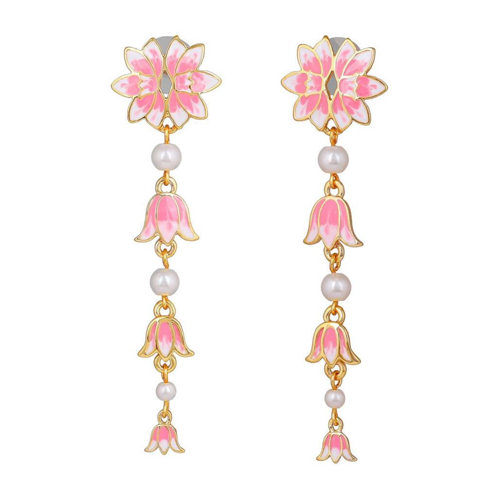 Estele Gold Plated Pink Enamel Lotus Designer Pearl Beaded Dangler Earrings For Girl'S & Women : 799708-IGER