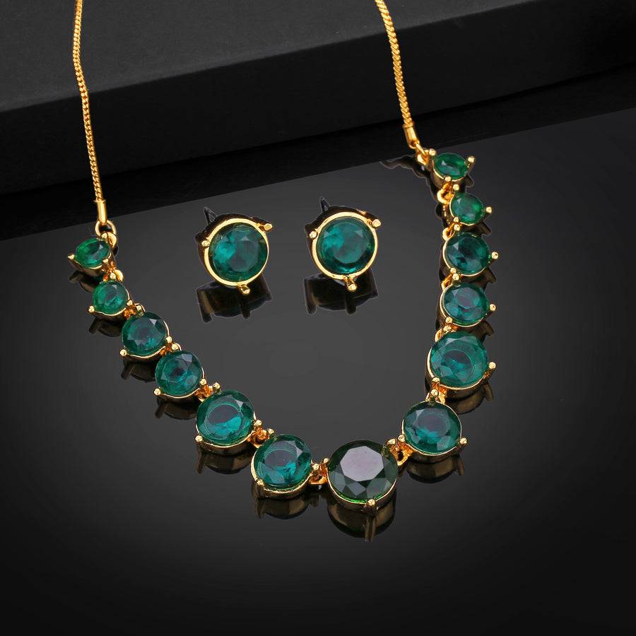 Estele Gold Plated Sparkling Necklace Set With Green Austrian Crystals For Women : 9053NKER