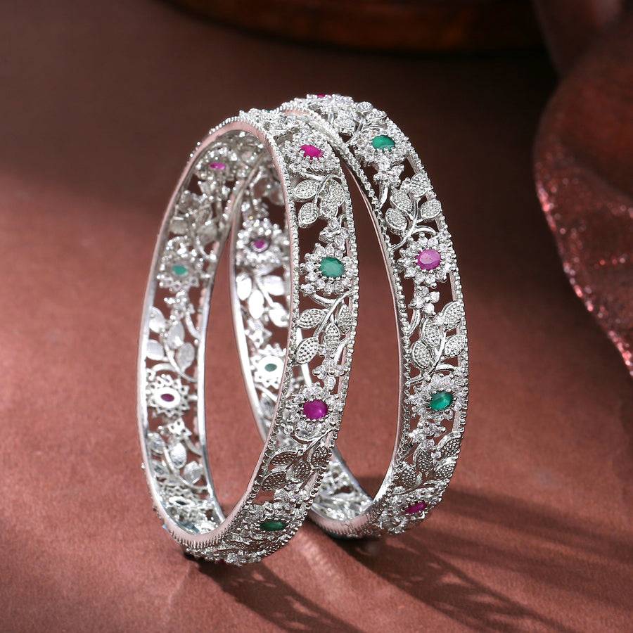 Estele Rhodium Plated Cz Flower Designer Bangles With Pink & Green Stones For Women : AD-001-IRBANGLE