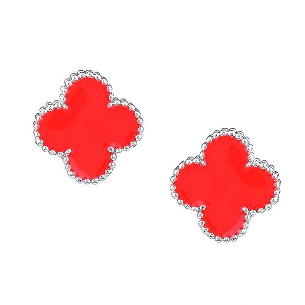 Estele Rhodium Plated Four Leaf Clover Designer Stud Earrings With Red Enamel For Women And Girls : 10202-IRRD-ERER