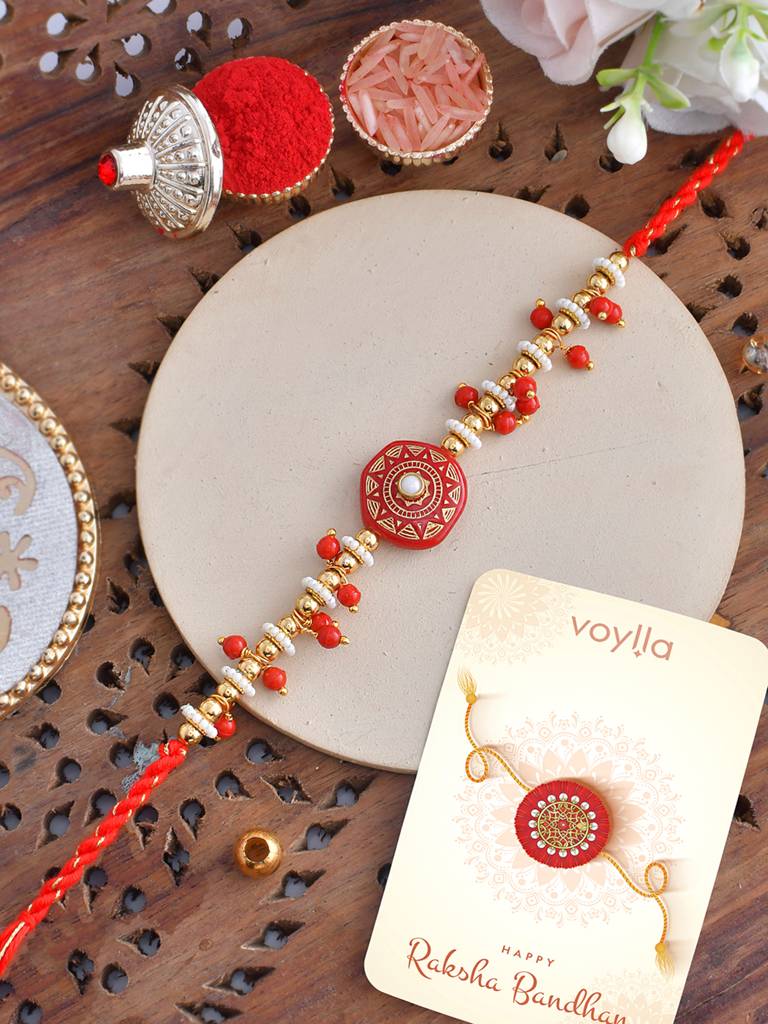 Eternz Certified Jewellery - Voylla Men'S Red Enamelled White Pearls Thread Rakhi For Brother