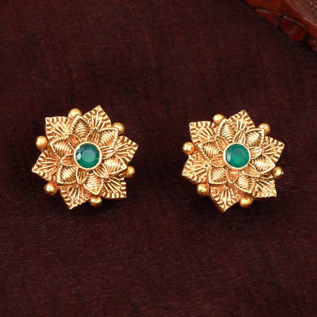 Estele Gold Plated Flower Designer Matte Finish Stud Earrings With Green Crystals For Women : AD-116715-IGGNER