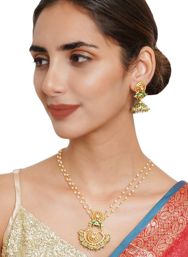 Festive Hues Faux Pearls Adorned Long Chain Gold Plated Brass Ethnic Jewellery Set : 8905124466430