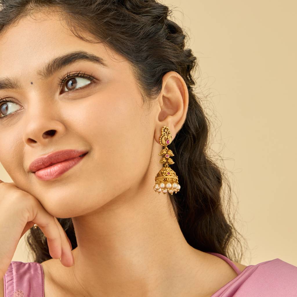 Kushal'S Fashion Jewellery Ruby Gold Plated Ethnic Antique Jhumkas-185665 : 442845