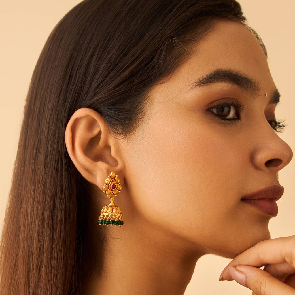 Kushal'S Fashion Jewellery Ruby-Green Gold-Plated Ethnic 92.5 Pure Silver Temple Jhumkas-174153 : 417976