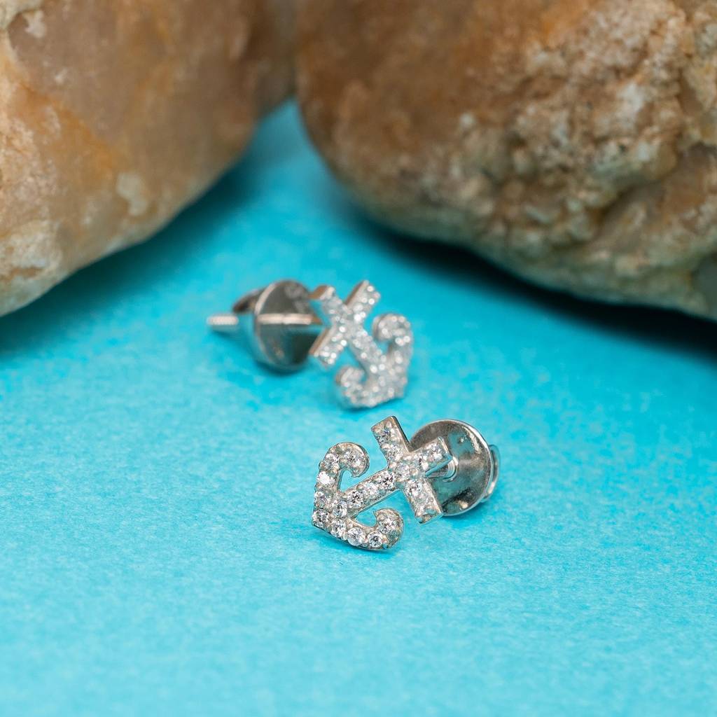 925 Silver Anchor Diamond Stud Earrings | Nautical Jewelry Gift : SE_000904