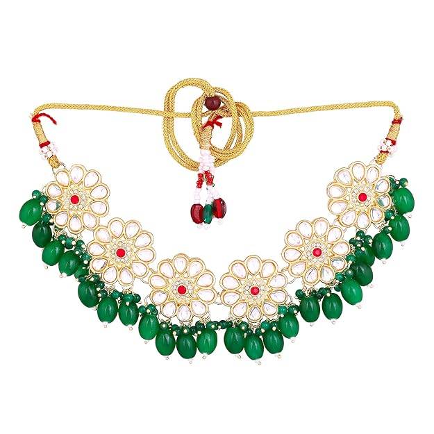 Estele Gold Plated Trendy Gehena Necklace Set & Maang Tikka With Green Beads For Women : PJ-034-IGGNNKERTK
