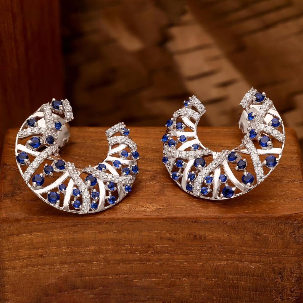 925 Silver Blue Sapphire Hoop Earrings | Diamond Accent Gift : SE_000882