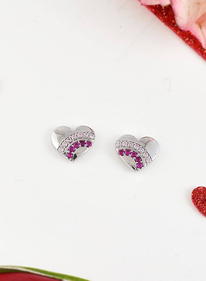 Valentine'S Day Collection Pink And Silver Cz Heart Stud Earrings : 8905124492859