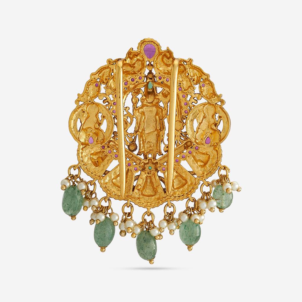Ruby-Green Gold-Plated Ethnic Antique Hair Brooch  -442014 : 442014