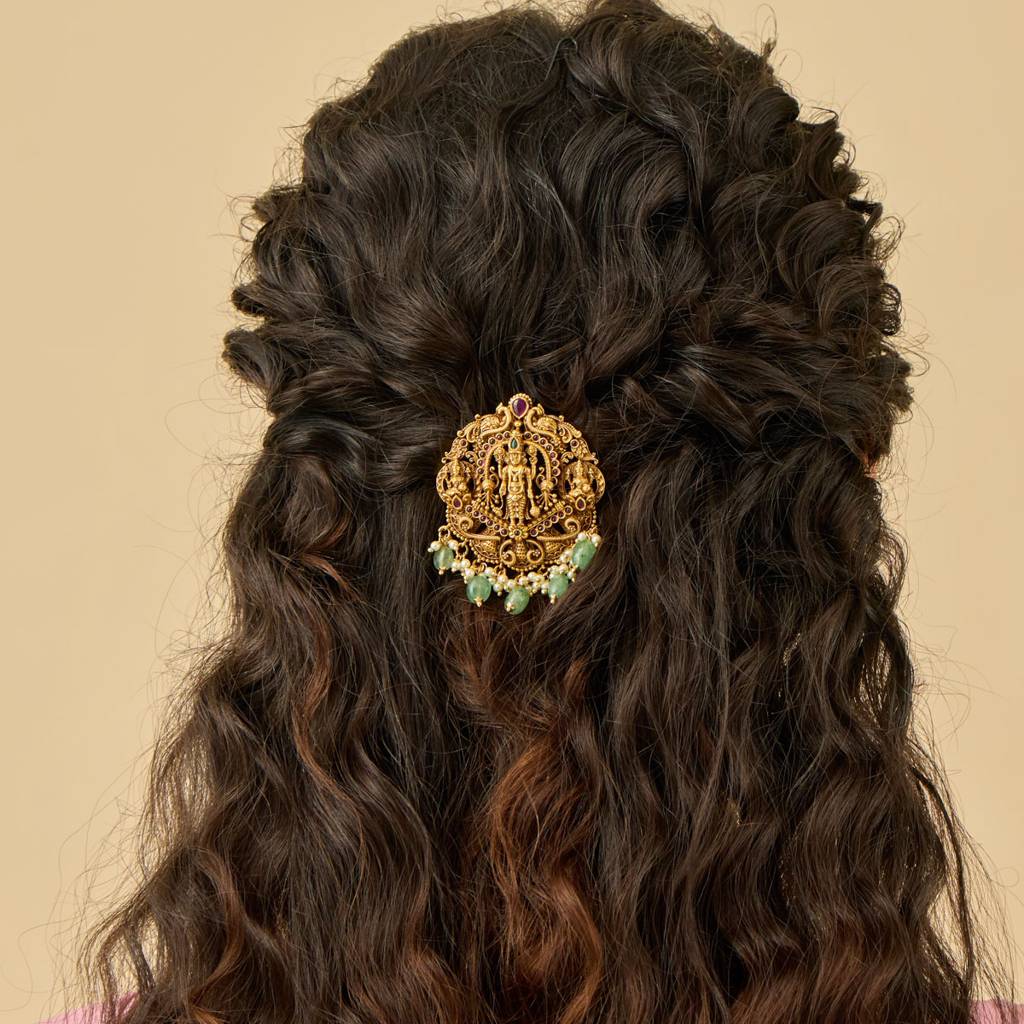 Ruby-Green Gold-Plated Ethnic Antique Hair Brooch  -442014 : 442014