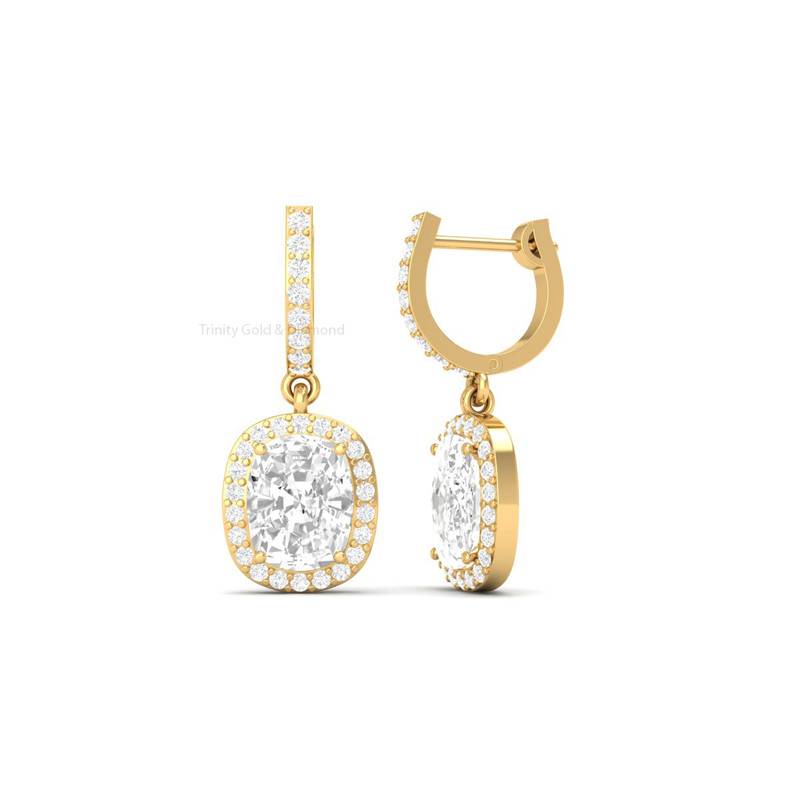 3.0Ct Cushion Halo Moissanite Drop Earrings In 14Kt Gold Over Sterling Silver : TGDE-32