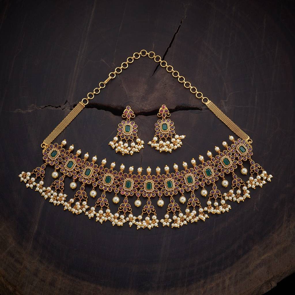 Kushal'S Fashion Jewellery Ruby-Green Gold-Plated Ethnic Antique Jewellery Set-153190 : 406347