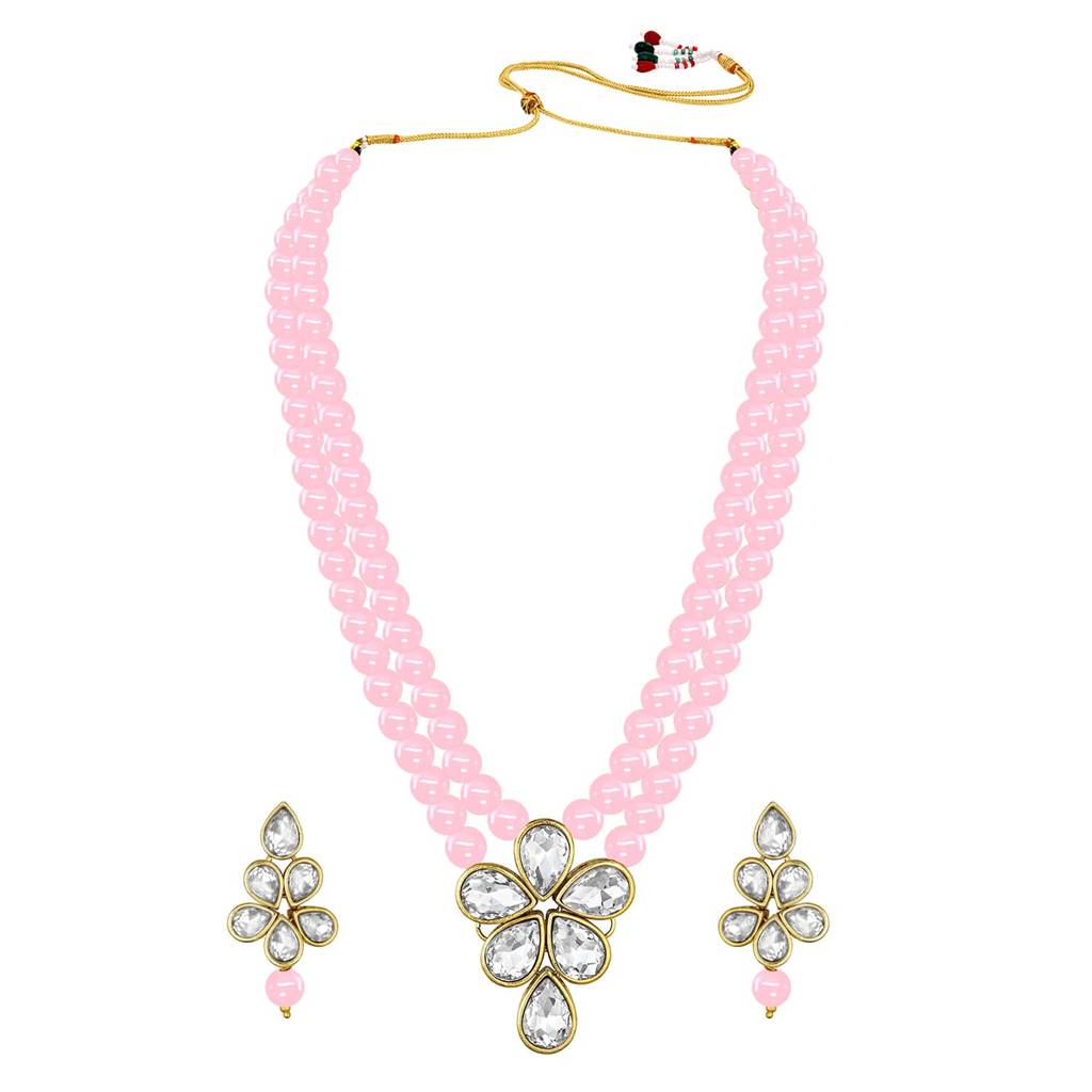 Crystal Faux Pearl Long Necklace With Drop Earrings Traditional Ethnic Jewellery Set For Women Girls-Pf24N184 : PF24N184PK