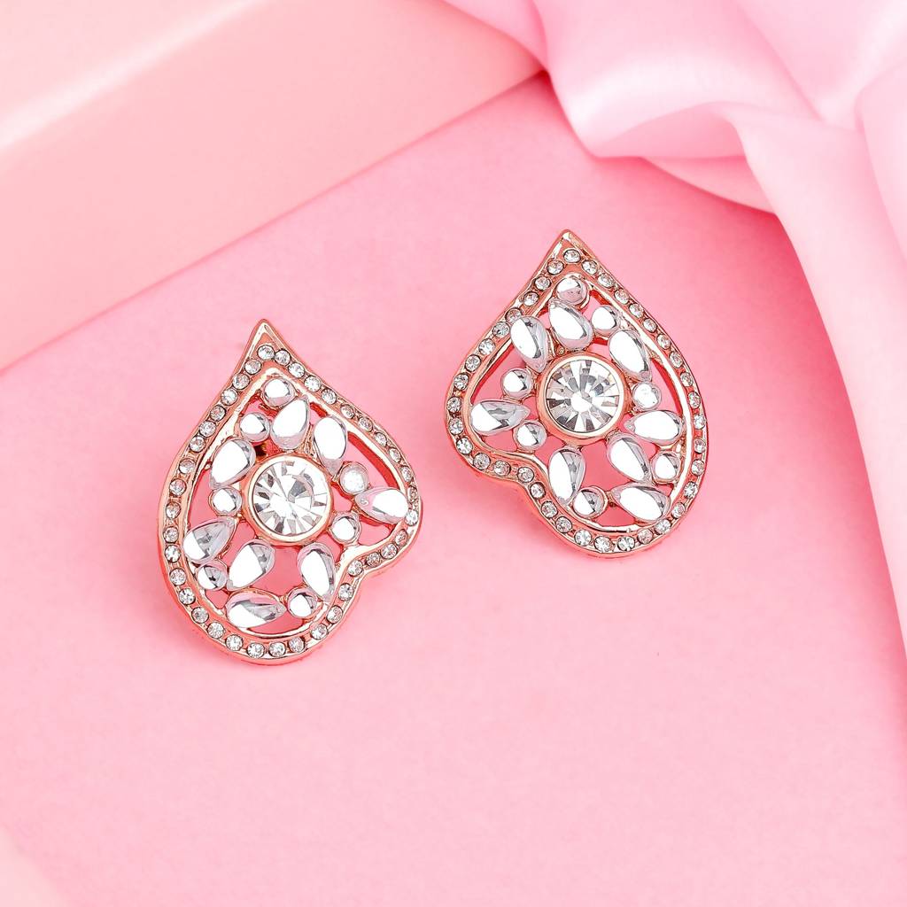 Estele Rosegold Plated Leaf Shaped Stud Earrings With Kundan For Women : 747705-RGER