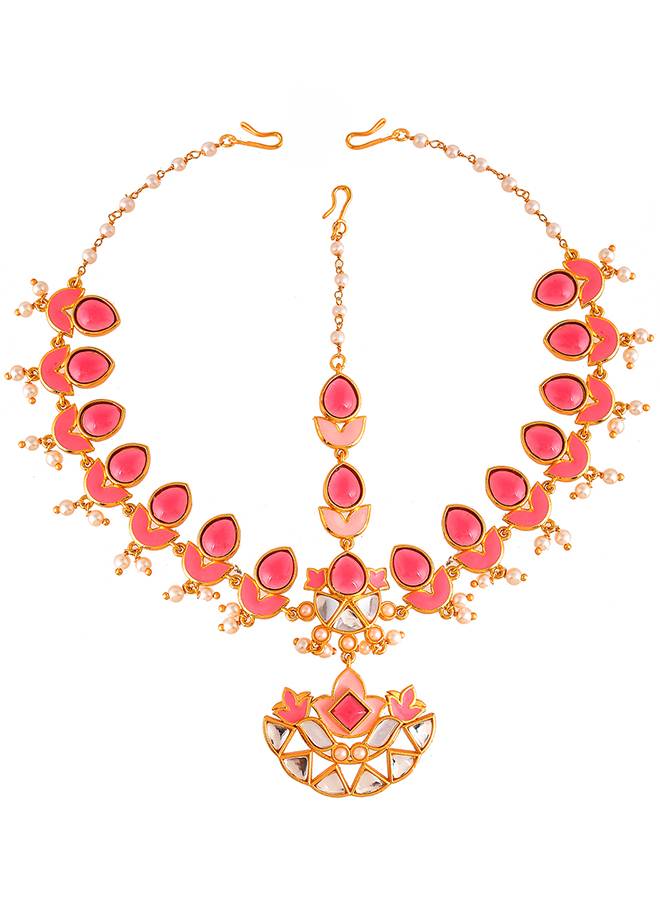 Forever More Pink Stones And Pearls Enamelled Floral Maang Tika : 8905124498011