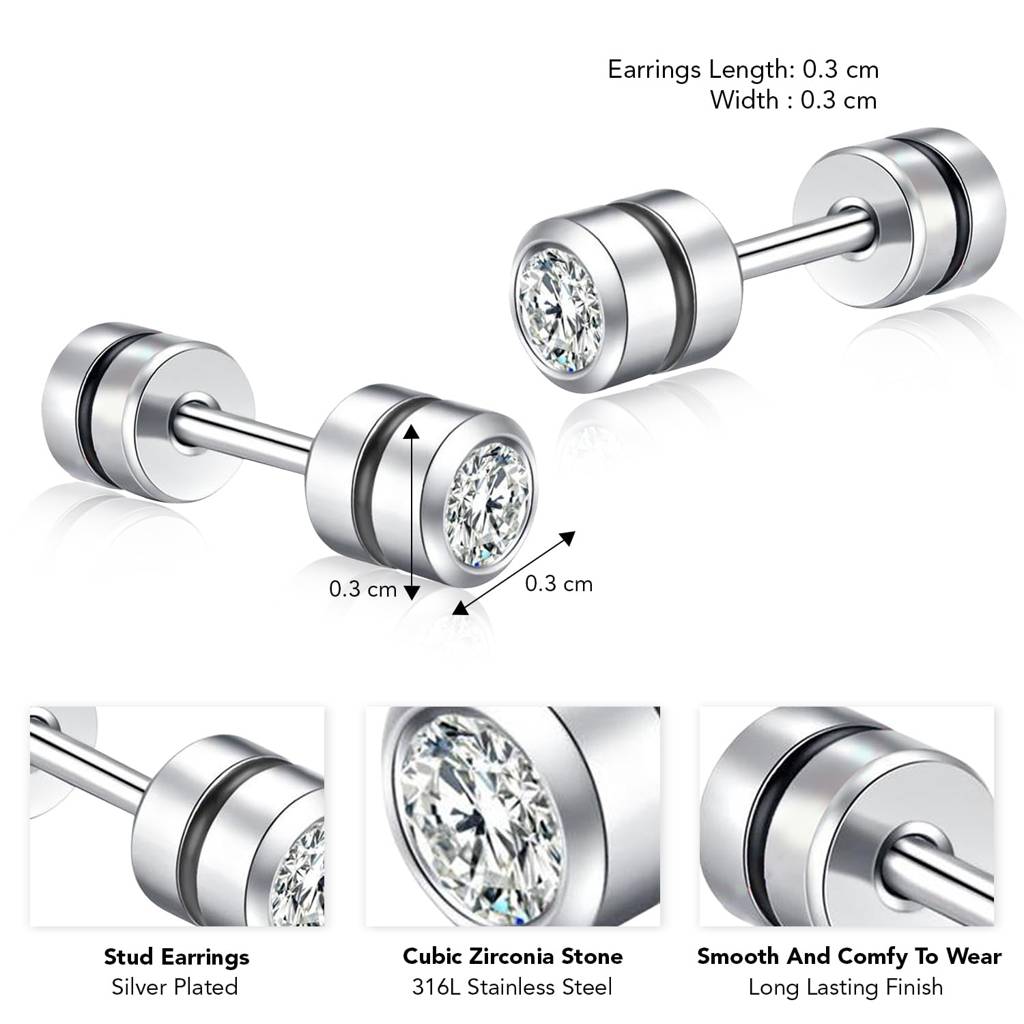 Silver Plated 316L Stainless Steel Cubic Zirconia Studded Stud Earrings Jewellery Gift For Boys & Men (1 Pair) : PX9ME46