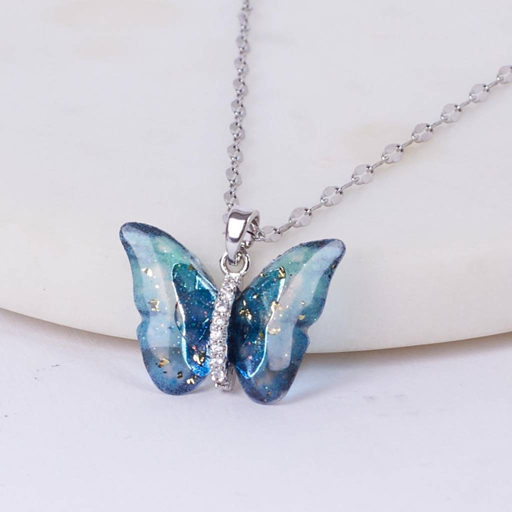 Vibrant Blue Silver Winged Beauty Necklace : NS11716
