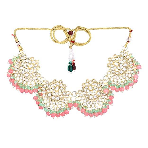 Estele Gold Plated Floral Gehena Necklace Set & Maang Tikka With Mint Pink Beads For Women : PJ-035-IGMGMPNKERTK
