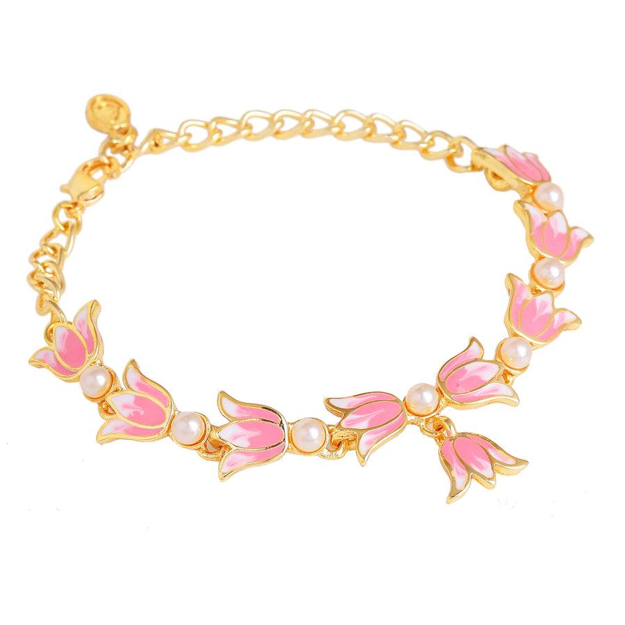Estele Gold Plated Pink Enamel Lotus Designer Link Chain Adjustable Bracelet With Pearls For Girl'S & Women : 102176-IGBR