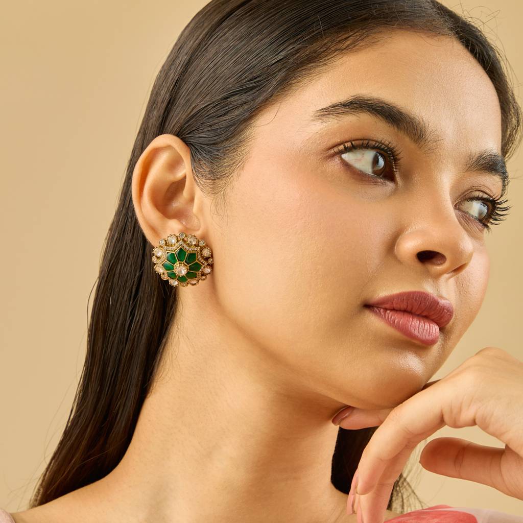 Green Plated Ethnic Kundan Studs-443066 : 443066