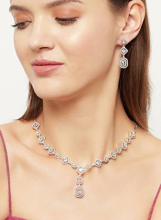 Cz Silver Plated Drop Gems Sparkling Elegance Necklace Set : 8905124445251