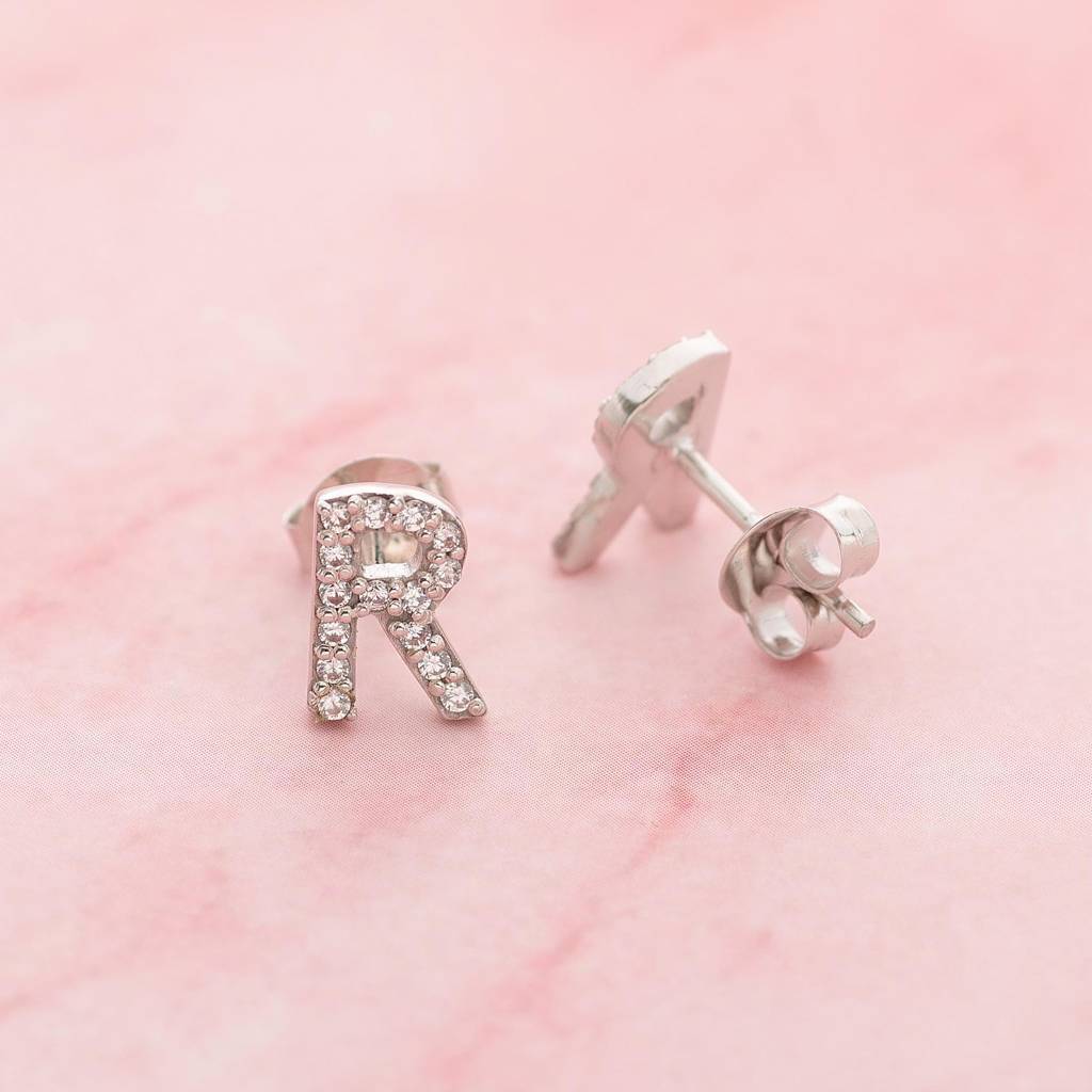 925 Silver R Initial Stud Earrings | Tiny Cz Alphabet Studs Personalized Gift For Women : SE_000708