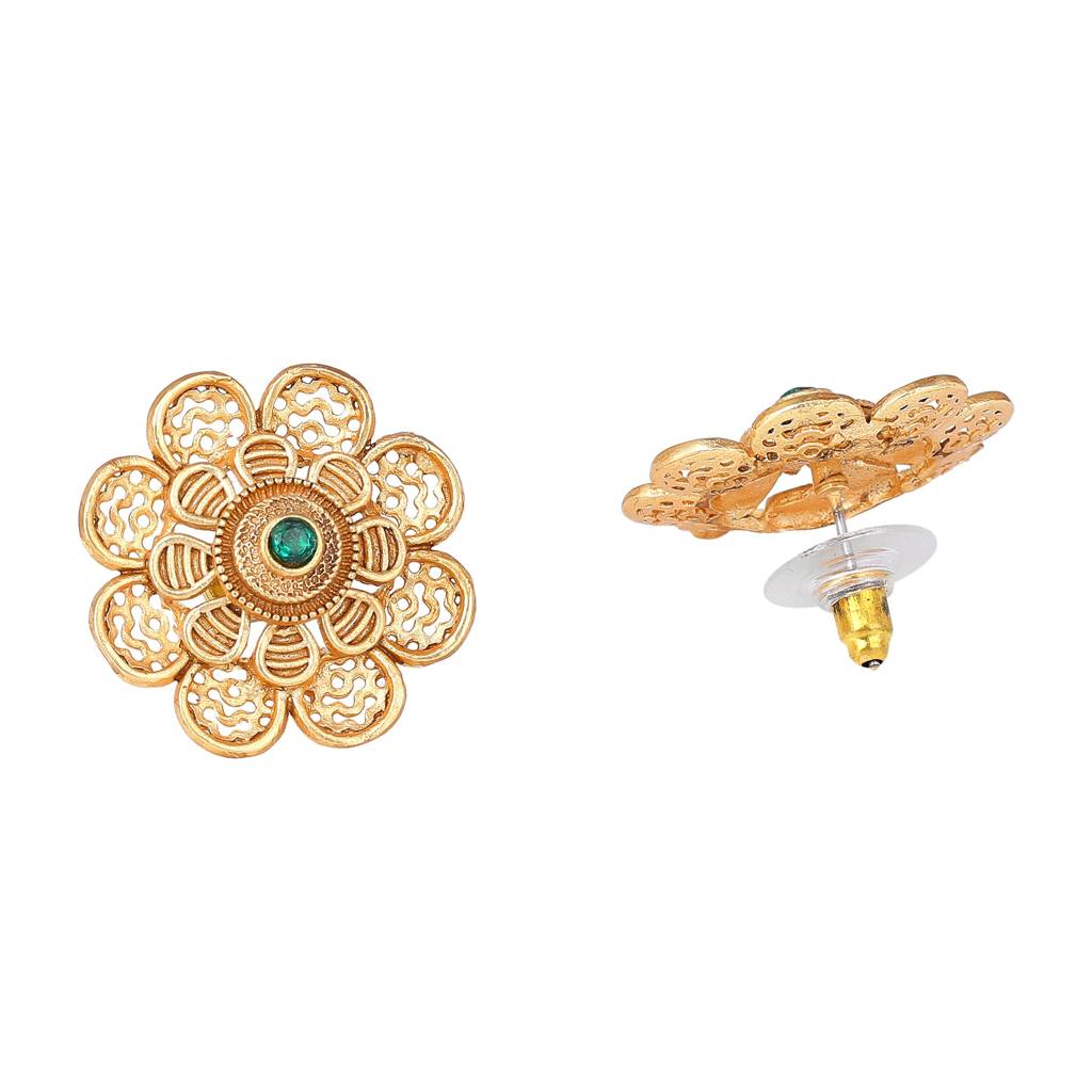 Estele Gold Plated Floral Designer Matte Finish Stud Earrings With Green Crystals For Women : AD-116713-IGGNER