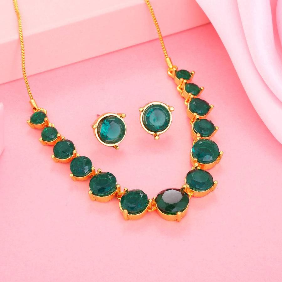 Estele Gold Plated Sparkling Necklace Set With Green Austrian Crystals For Women : 9053NKER