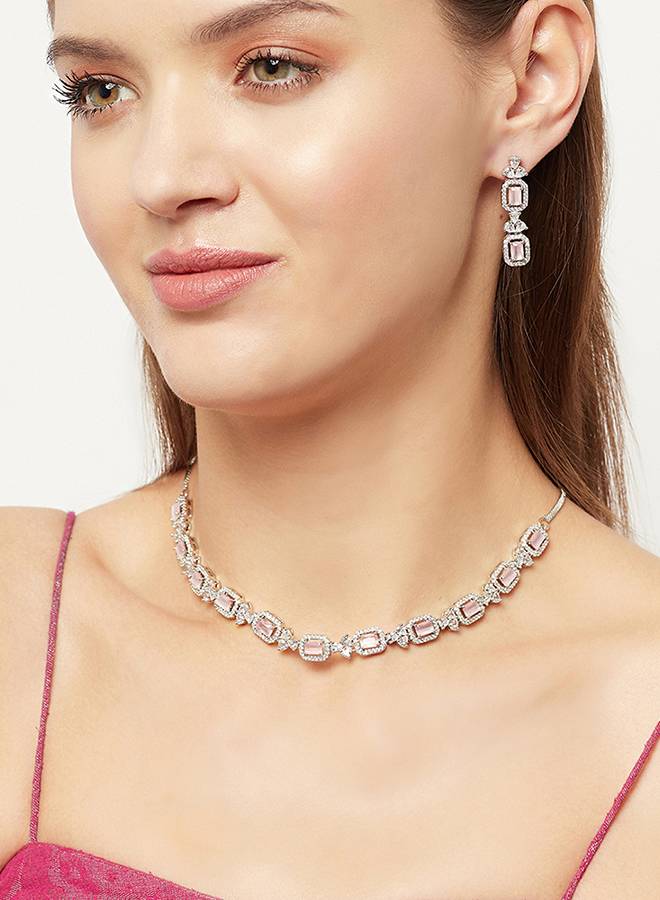 Sparkling Elegance Pink Gem Studded Classic Necklace Set : 8905124445374