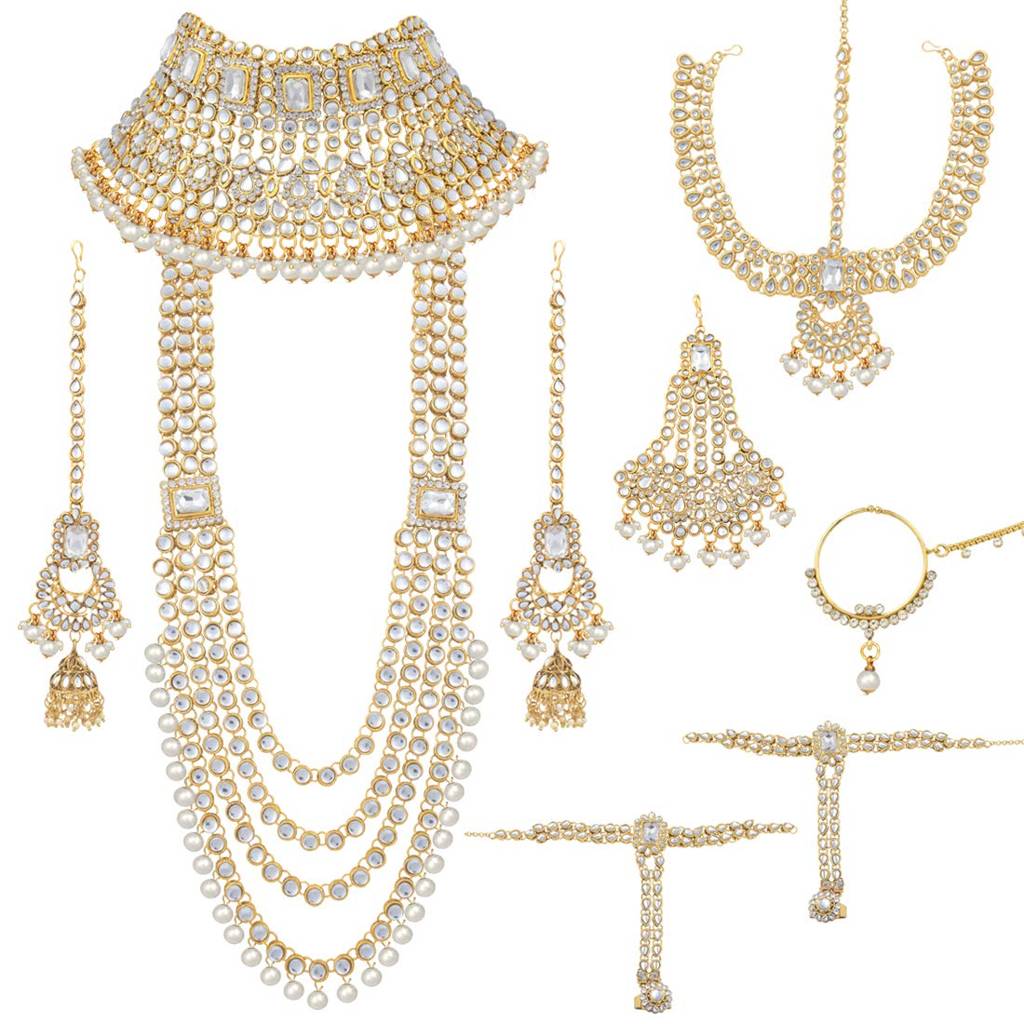 Ethnic Traditional Gold Plated Kundan Studded Dulhan Bridal Jewellery Set With Choker Earrings Maang Tikka Hathpho : PF36BR02W
