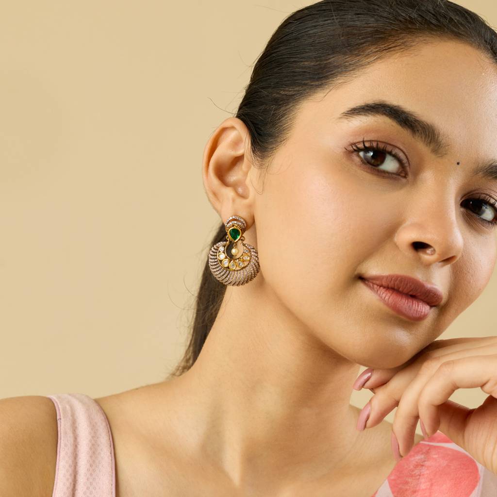 Kushal'S Fashion Jewellery Green Victorian-Plated Ethnic Kundan Chandbali Earrings -447478 : 447478