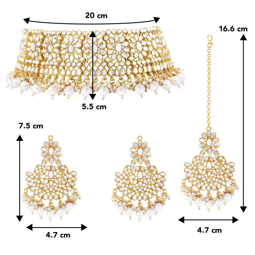 Gold Plated Kundan Studded Choker Necklace Earrings & Maang Tikka Set Wedding Jewellery Set For Girls & Women (White) : PF24N14W