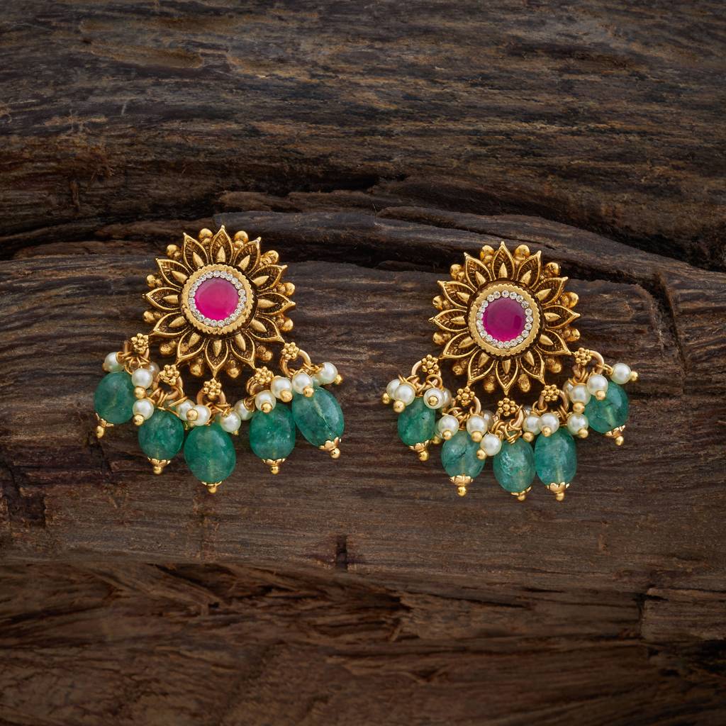 Kushal'S Fashion Jewellery Ruby-Green Gold-Plated Ethnic Antique Earring Studs-176921 : 424211