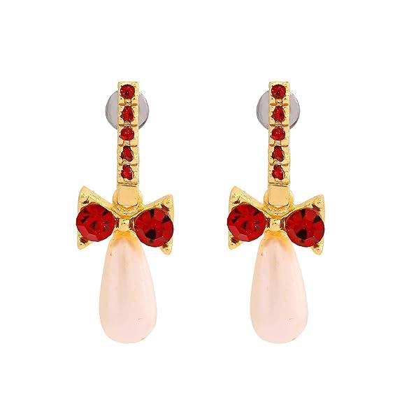 Stylish Red Stone Bow Design Pearl Drop Earrings For Women : 5010114-IG-RDER