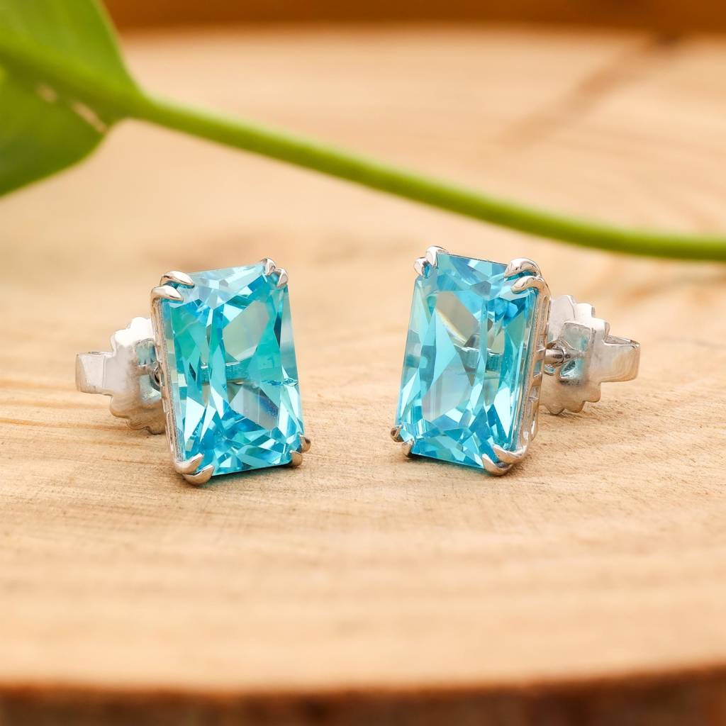 925 Silver Blue Topaz Stud Earrings Â Radiant Cut Birthstone Jewelry : SE_000587