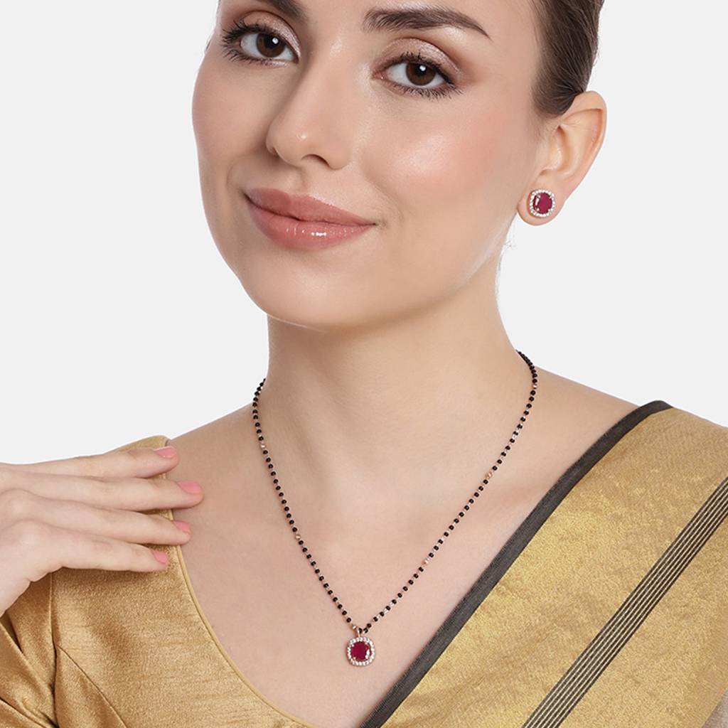 Estele Rose Gold Plated Cz Sparkling Mangalsutra Necklace Set With Ruby Stones For Women : ADMS037-RGRBNKER