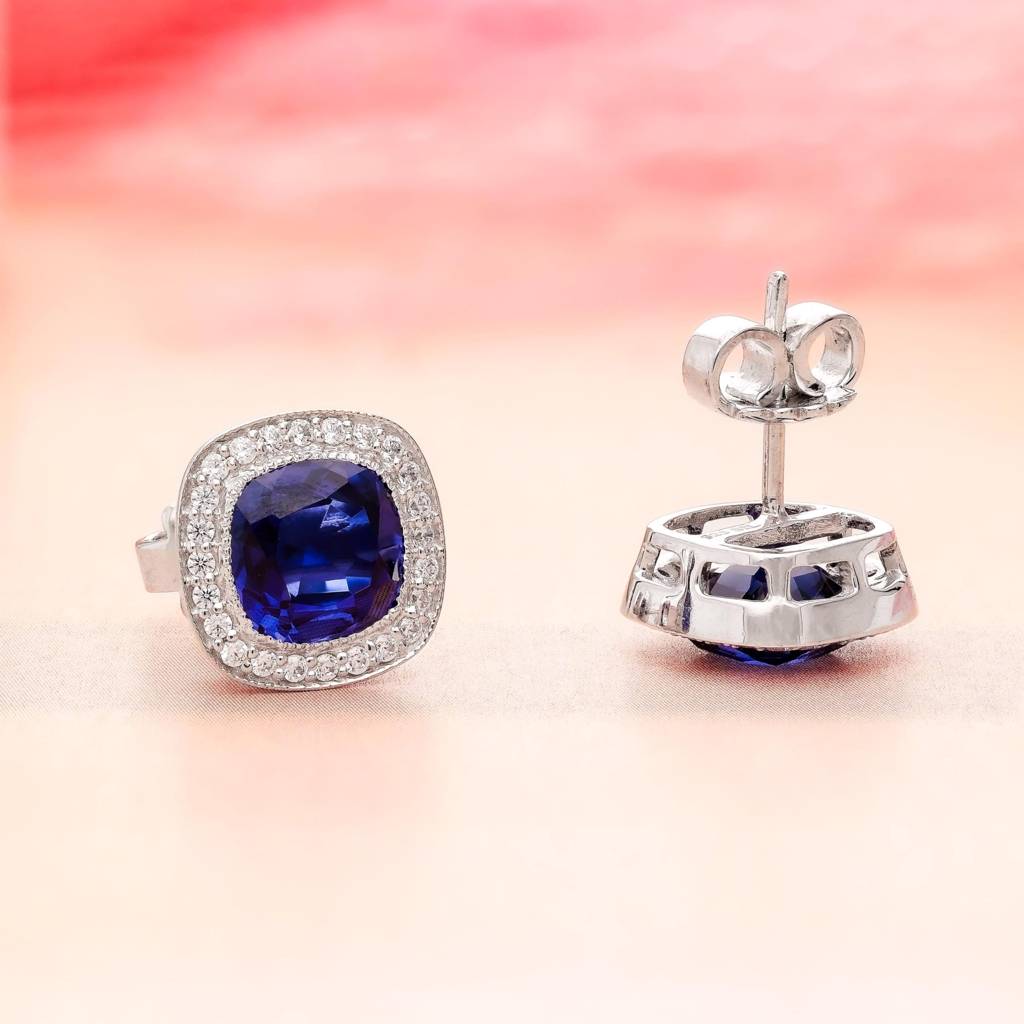 925 Silver Blue Sapphire Cushion Cut Stud Earrings Â Elegant Halo Gift For Wife : SE_000604