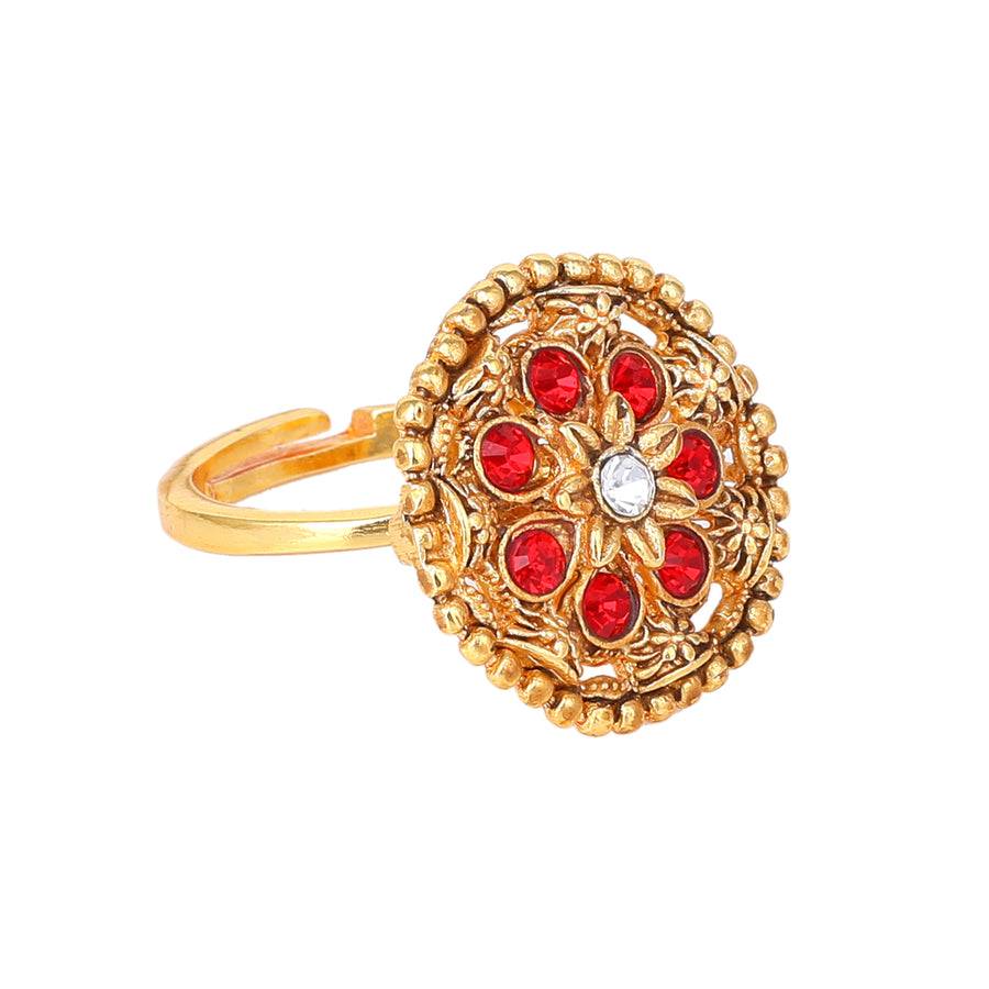 Estele Gold Plated Flower Designer Matte Finish Finger Ring With Ruby Crystals For Women : AD-150-IGRBRING