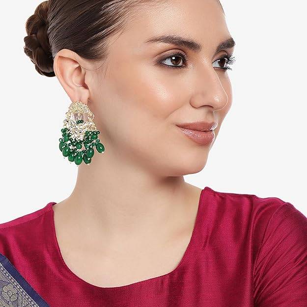 Estele Gold Plated Elegant Designer Gehena Drop Earrings With Green Beads For Women : PJ-012-IGGNER