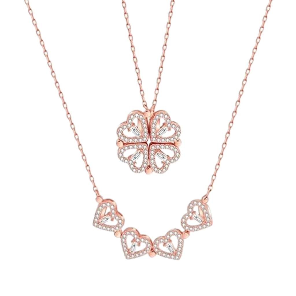 Hyacinth 4-Pcs Zircon Heart Magnetic Clover Necklace - Rose Gold : NS10186