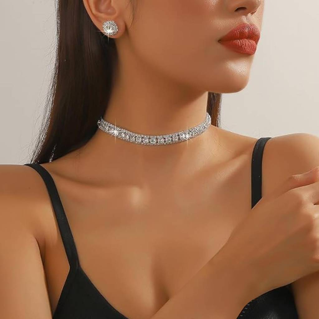 Silver Plated Crystal & Cubic Zirconia Studded Necklace And Stud Earring Stylish Jewellery Set For Women & Girl : PX9N96